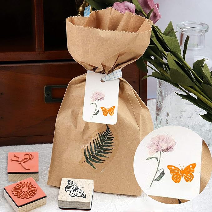 9 PCS Vintage Wooden Rubber Stamps, Wood Stamps for Crafting Pattern of Butterfly Bird Ladybird Flower Plant, Ink Rubber Stamp Set for Scrapbooking, DIY Art and Journals