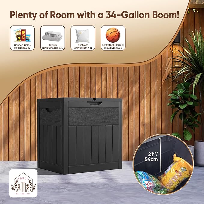 33 Gallon Outdoor Storage Box, Small Deck Box Waterproof, Lockable Secure Package Bin Delivery Box for Outside Front Porch, Patio Cushions Storage Box, Delivery Driver Snack Box for Porch, Black