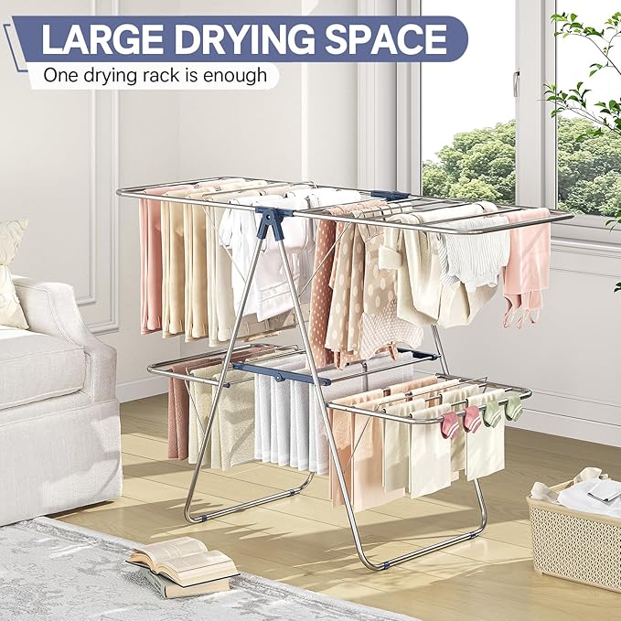 APEXCHASER Clothes Drying Rack with 4 Wings, Stainless Steel Drying Rack Clothing with Height-Adjustable, Foldable Gullwings Laundry Drying Rack, Indoor Outdoor Use, No Assembly, Blue