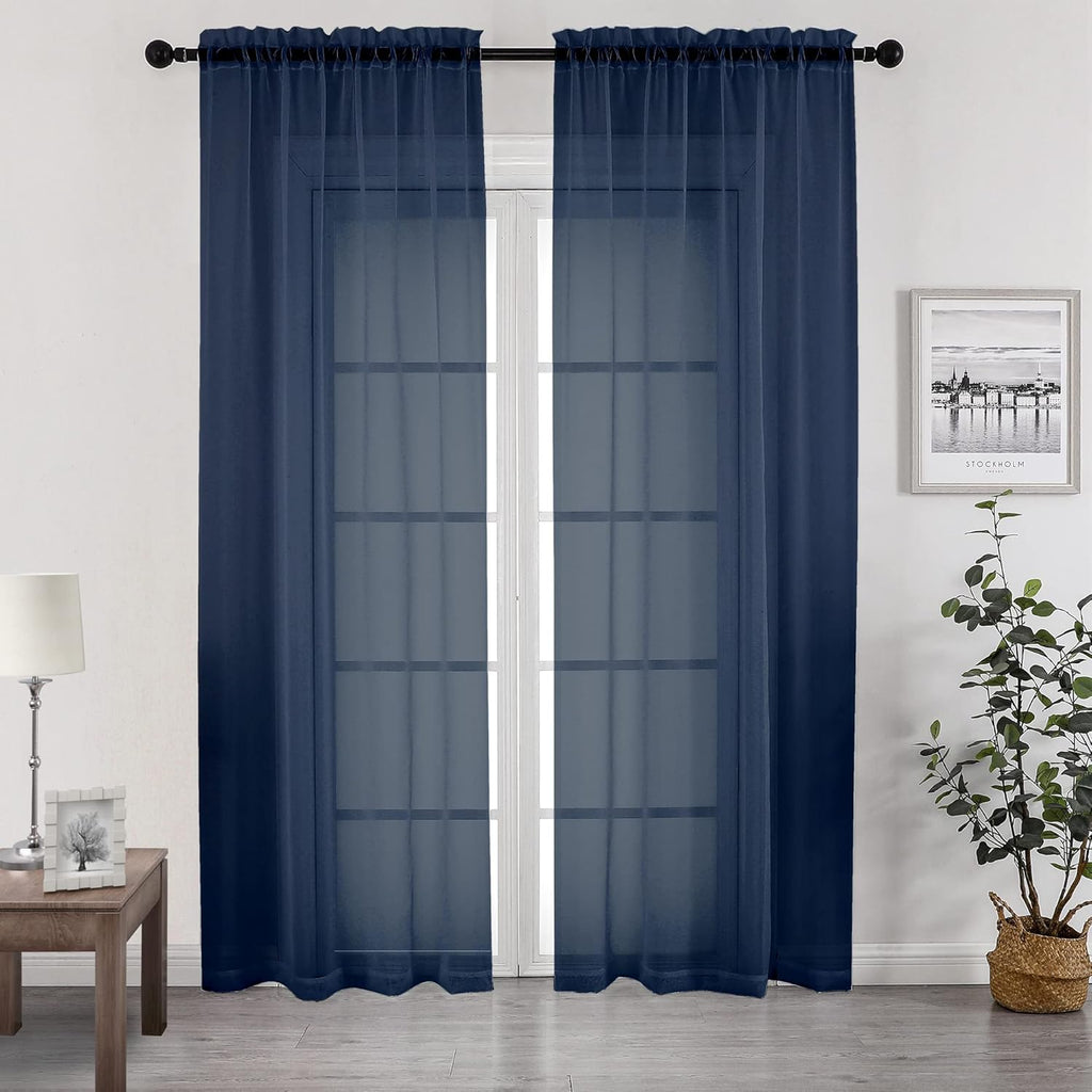 Chyhomenyc Sheer Curtains Extra Long 96 inch 2 PCS- Casual Style Airy & Breathable with Amount Light Sheer Panels for Patio/Glass Door (1 Pair Set=Total 84 inches Wide, Each W42 x L96, Navy Blue)