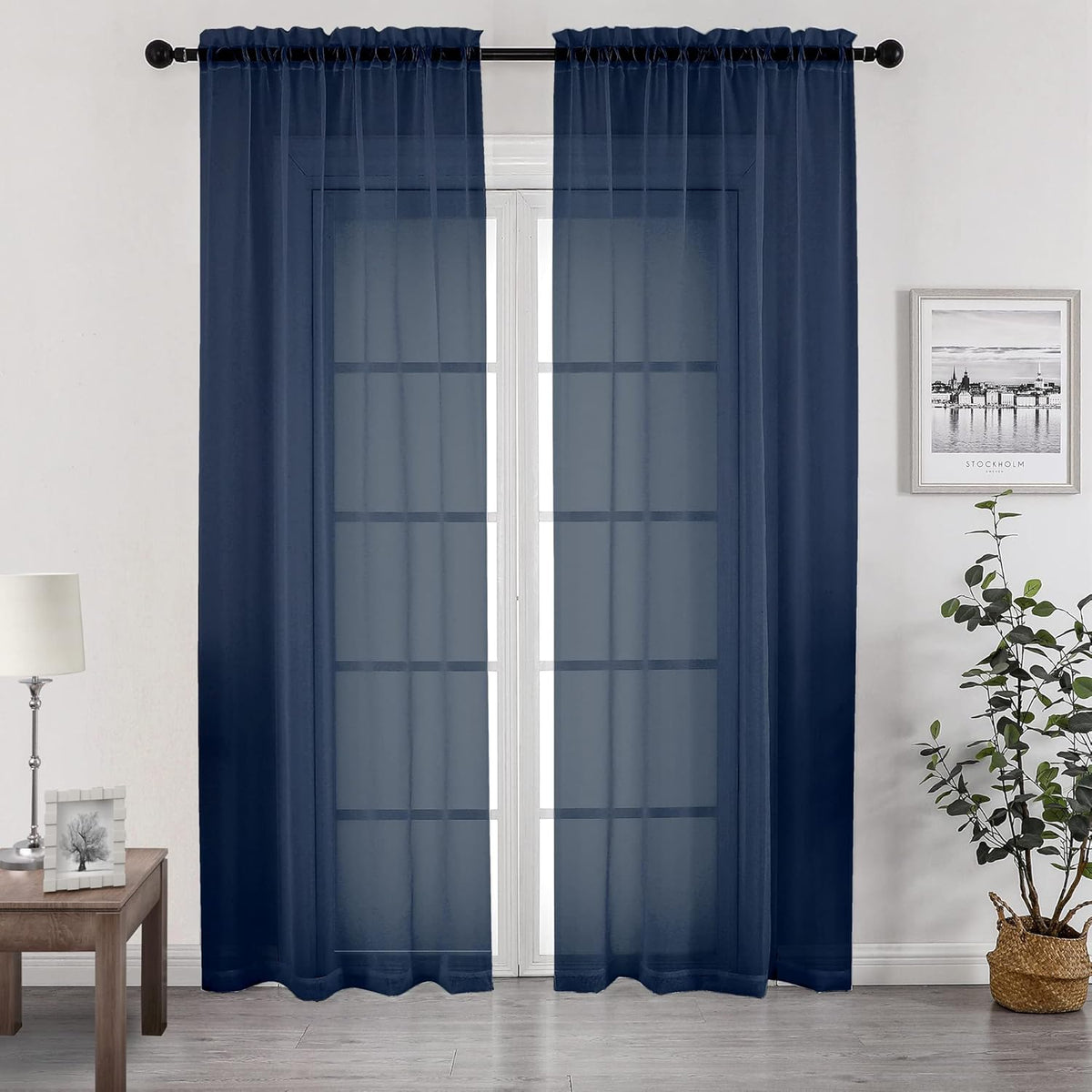 Chyhomenyc Sheer Curtains Extra Long 96 inch 2 PCS- Casual Style Airy & Breathable with Amount Light Sheer Panels for Patio/Glass Door (1 Pair Set=Total 84 inches Wide, Each W42 x L96, Navy Blue)