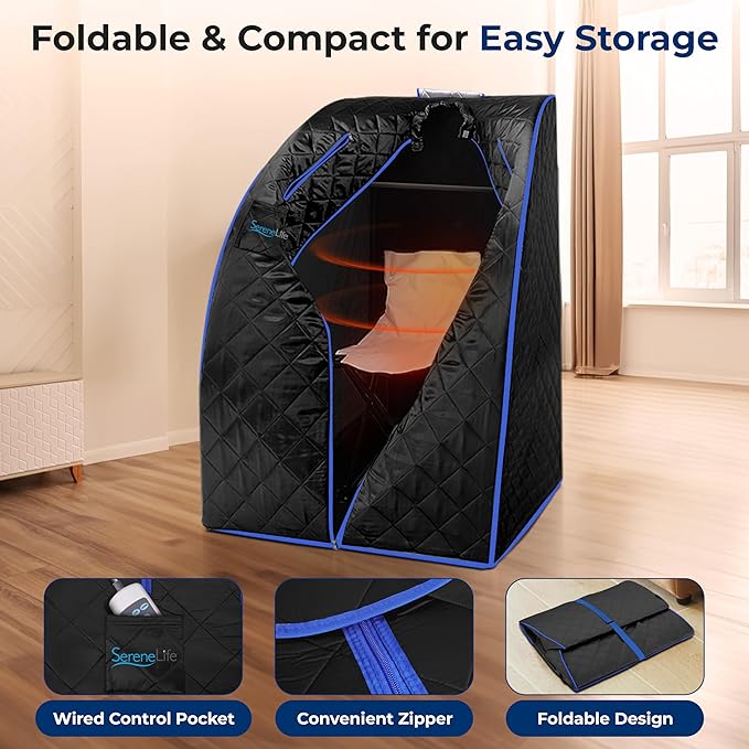 SereneLife Portable Sauna Box for Home, Infrared Sauna Tent with Heated Foot Pad and Folding Chair, Remote Control In-Home Spa, 38" x 32” - (Black)
