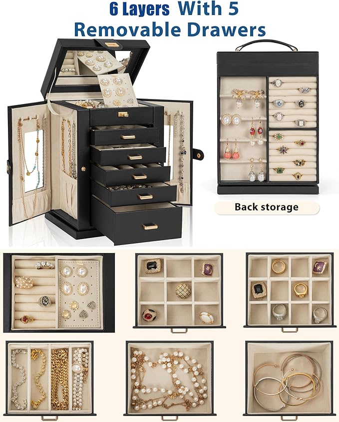 AKOZLIN Jewelry Box 6-Tier Organizer Functional 360° Rotating Jewelry Storage Case for Women Girls Ring Necklace Earring Bracelet Holder with Mirror