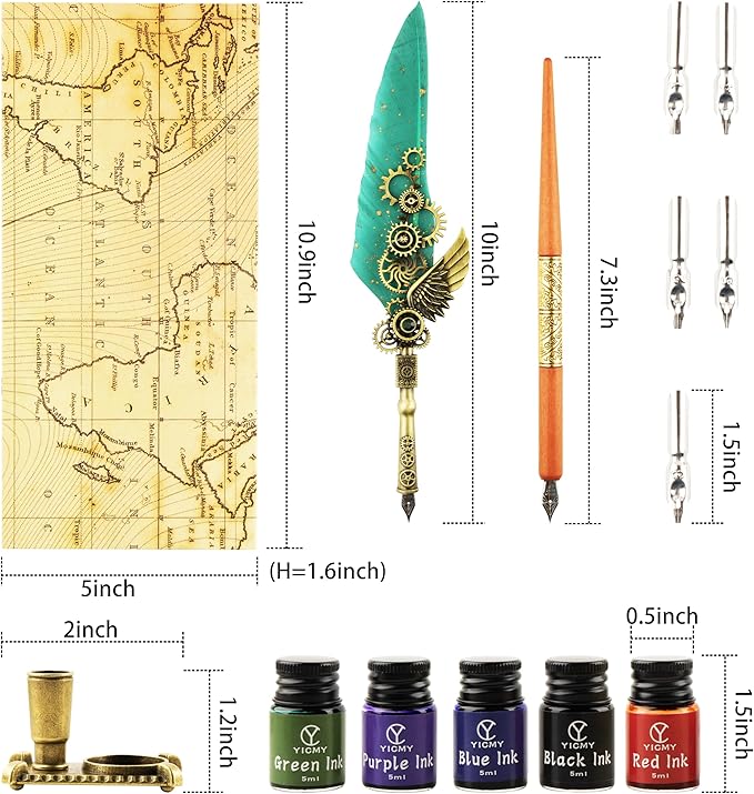 Feather Pen and Ink Set Calligraphy Kit for Beginners with Quill Pen, Antique Vintage Stationary Set for Writing, Signing & Hand Lettering Art