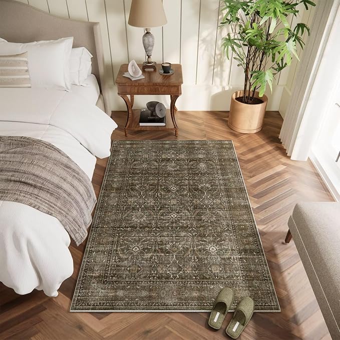 Washable 4x6 Rugs for Living Room, Boho Non-Slip Silicone Backing Small Rugs for Bedroom Nursery Office, 0.3" Neutral Oriental Throw Carpet with 0.16" Cushioning Pad, Deep Brown/Multi