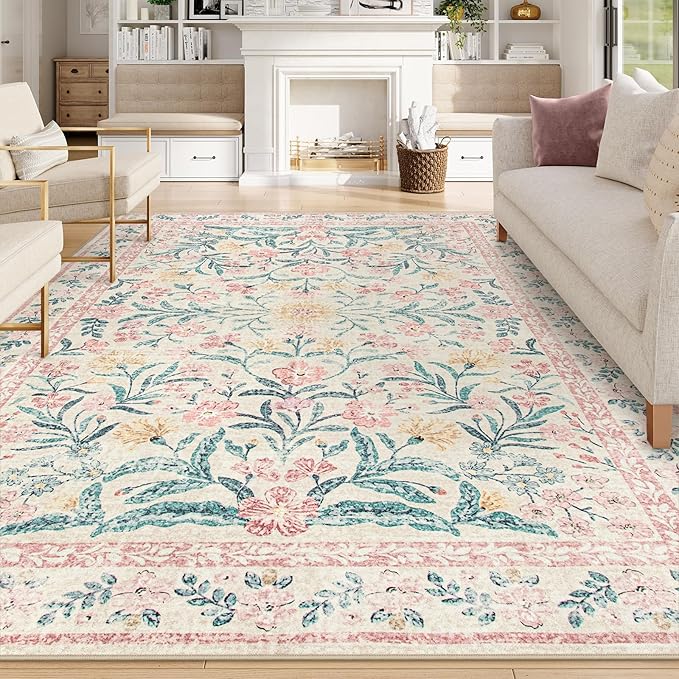 Wonnitar Floral Large Rugs for Living Room, Soft Light Pink Rug Washable 9x12 Carpet Non Slip, Boho Foldable Non-Shedding Kids Carpet for Bedroom Girls Nursery Dorm Playroom