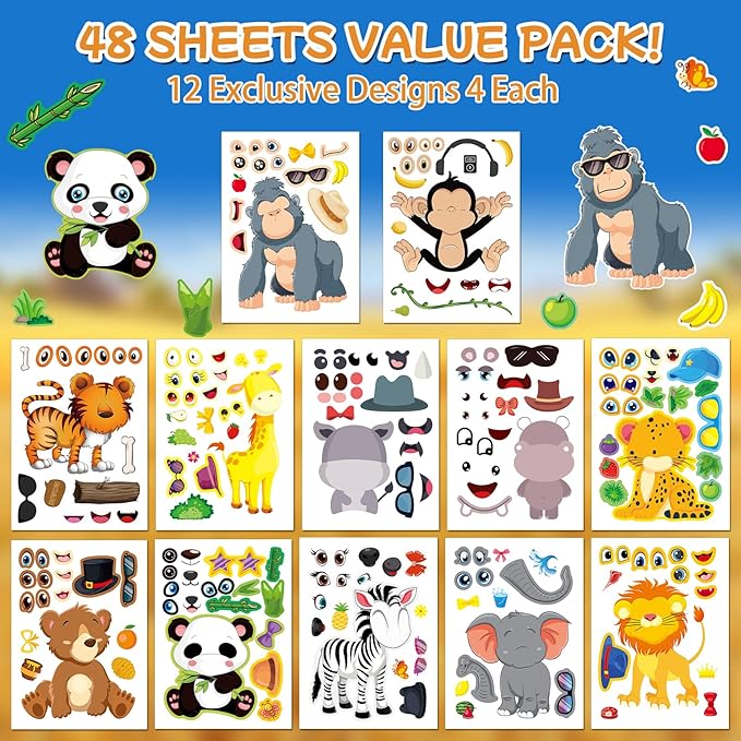 Aowplc 48 Make A Safari Animal Sticker Sheets - Jungle & Zoo Party Favors Supplies - Fun Craft Activities for Kids Ages 3+