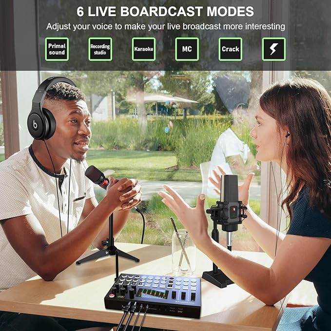 RHM Podcast Equipment Bundle, All-in-One Audio Interface DJ Mixer with Microphone, Stand, Monitor Earphone, Audio Mixer With Sound card for PC/Laptop/Phone, Streaming/Podcasting/Gaming (M9 Set)