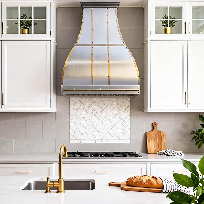 CHETTO C Stainless Steel Range Hood Cover with Quiet Vent Hood Insert Custom Handcrafted Metal Kitchen Fan with Towel Rack LED Light 54"W x24"D x51"H Brushed Stainless Steel Wall Mount