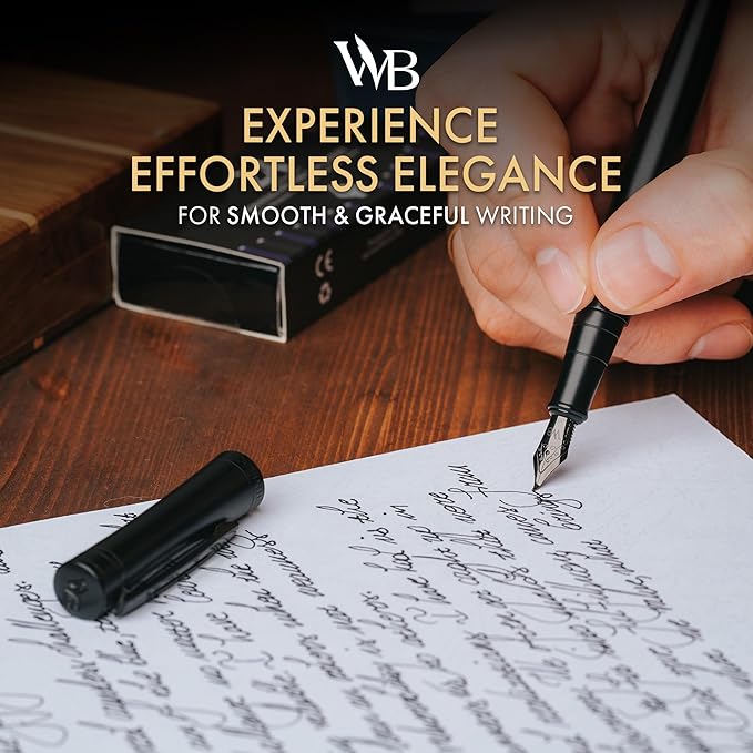 Wordsworth & Black Fountain Pen Set, Bent Nib, Includes 24 Pack Ink Cartridges, Ink Refill Converter & Gift Box, Calligraphy, [All Black], Perfect for Men & Women