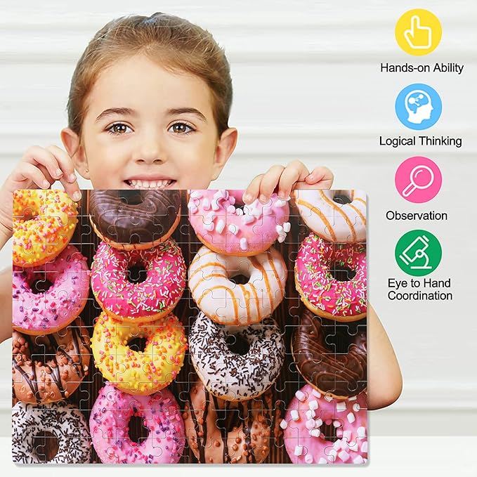 LELEMON 100 Pieces Donut Jigsaw Puzzle for Kids Ages 4-8 Sweet Colorful Donut Jigsaw Puzzles in a Metal Box Children Boys Girls Learning Educational Puzzles Toys