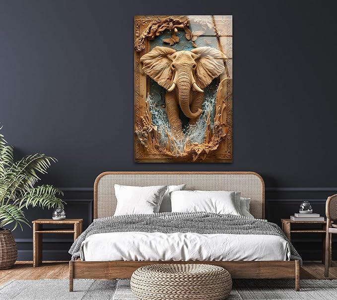 My Photostation.com 18Wx28H'' Elephant Carving Glass Wall Art Tempered Glass Printing Wall Decor Large Wall Art Wall Hangings