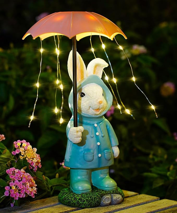 Solar Rabbit Garden Statue Outdoor Decor, Bunny Figurines Lights with Umbrella for Outside Yard Lawn Ornaments,Gifts for Mother's Day Birthday Easter Housewarming