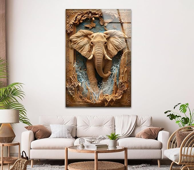 My Photostation.com 18Wx28H'' Elephant Carving Glass Wall Art Tempered Glass Printing Wall Decor Large Wall Art Wall Hangings