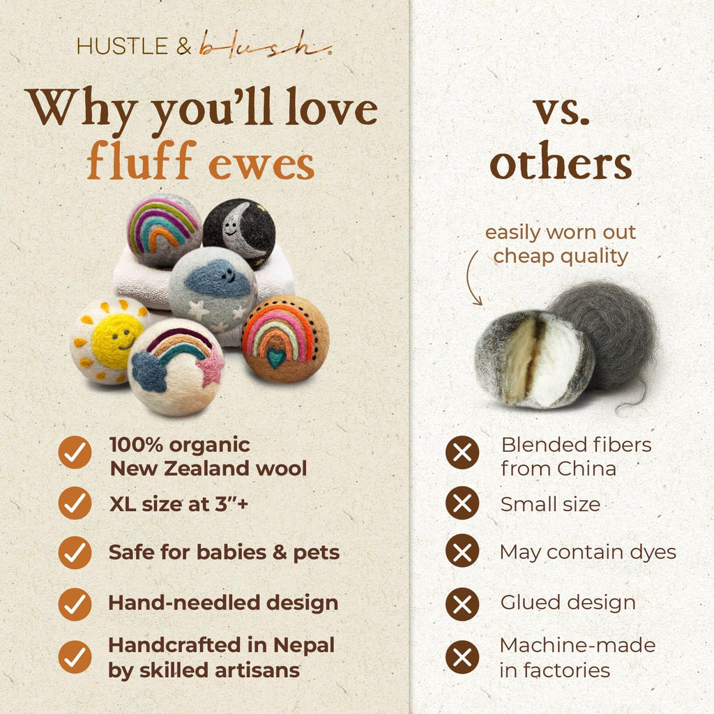 Fluff Ewes Wool Dryer Balls 6 Pack Premium New Zealand Wool Laundry Balls for Dryer, No Static Dryer Balls Laundry Reusable, XL Wool Dryer Balls Cute, Baby Dryer Balls for Dryers - Rainbow or Shine