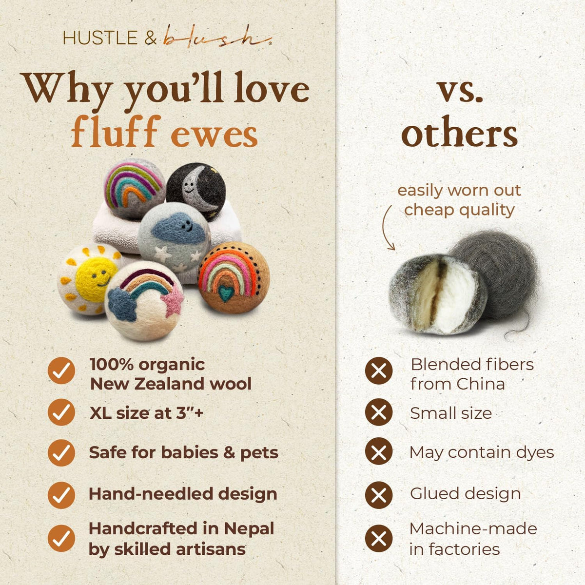 Fluff Ewes Wool Dryer Balls 6 Pack Premium New Zealand Wool Laundry Balls for Dryer, No Static Dryer Balls Laundry Reusable, XL Wool Dryer Balls Cute, Baby Dryer Balls for Dryers - Rainbow or Shine