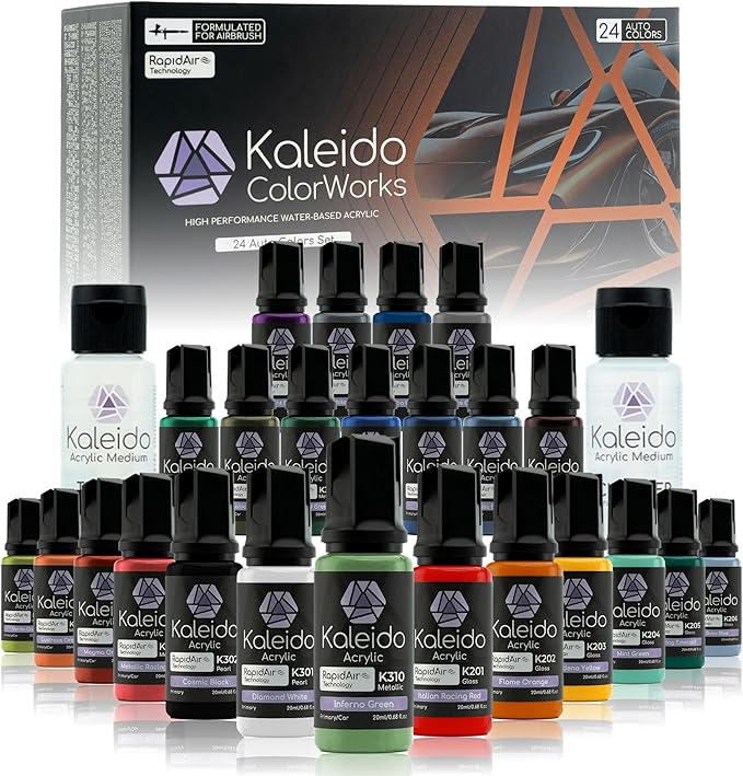 Gaahleri Kaleido Auto 24-Color Set – Water-Based Acrylic Airbrush Paint Kit for Car Models, Gundam,Mecha,Pre-Thinned, High Gloss, Fast-Drying, with Thinner & Cleaner