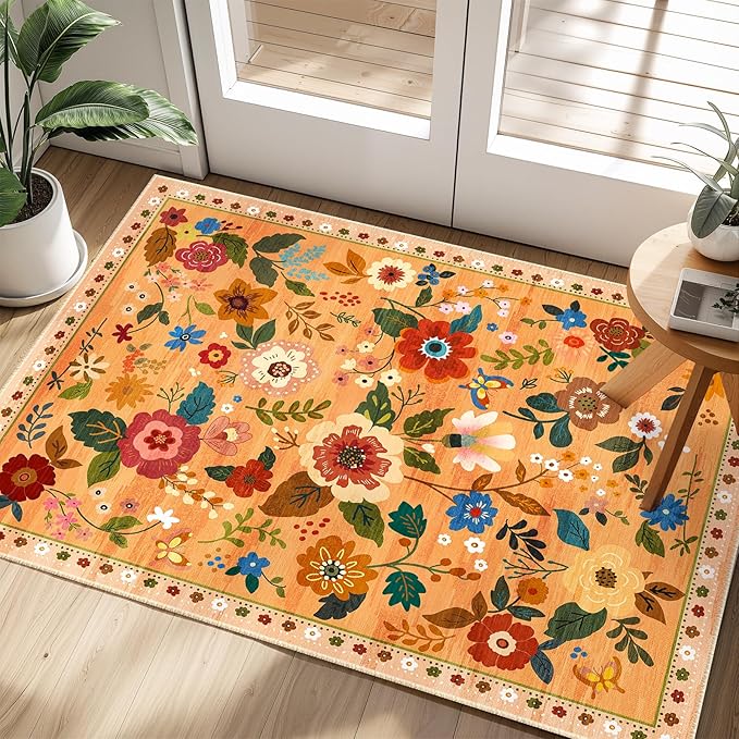 Floral 2x3 Area Rug Machine Washable Soft Print Boho Carpet Non Slip Doormat Low Pile Flower Area Rugs for Living Room Bedroom Nursery Kitchen Dining Room Indoor-Yellow/Orange