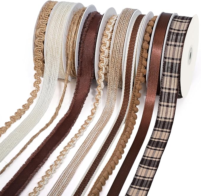LaRibbons Natural Brown Ribbons for Crafts 10 Rolls 45 Yards TTL Thin Ribbon for Sewing Gift Wrapping Home Decor