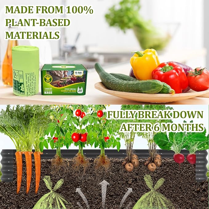 10-13 Gallon Compostable Trash Bags Handle-Tie, Heavy Duty Thick 0.87 Mil, 49.21 Liter, 30 Bags, Tall Kitchen Food Scrap Waste Bag, ASTM D6400, US BPI and OK Compost Home Certified
