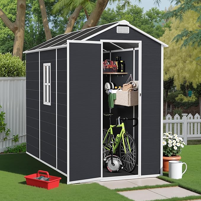 4x8 FT Plastic Outdoor Storage Shed, Resin Plastic Tool Shed with Lockable Doors & Peaked Roof, Garden Shed with Side Window & Floor, for Backyard Garden Patio Lawn, Dark Gray