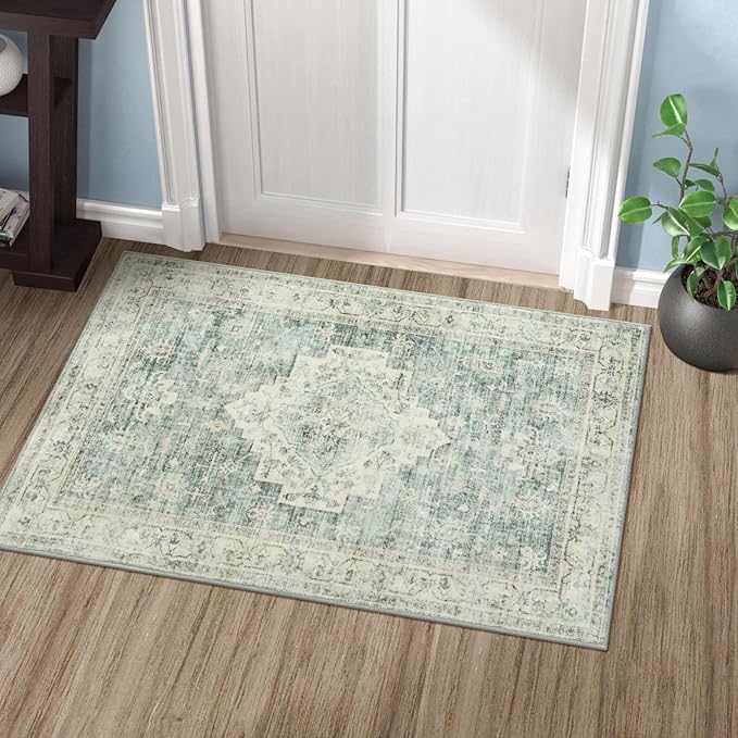 LIVEBOX Washable Rug 2x3 Kitchen Mats for Floor Entryway, Non Slip Front Door Mat for Bathroom Hallway, Boho Low-Pile Small Carpet Farmhouse Throw Indoor Rugs for Bath Sink, Sage Green