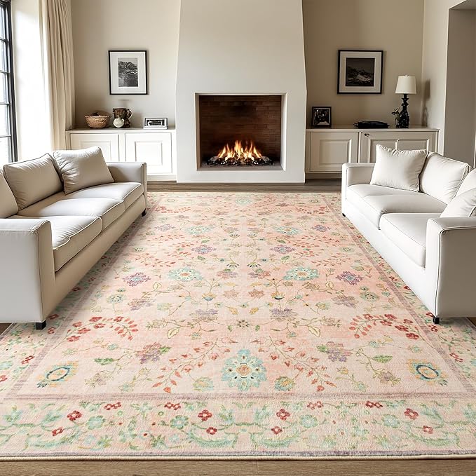 LOCHAS Washable Area Rugs 6x9, Pink Floral Rug for Living Room Bedroom Non Slip, Ultra Soft Vintage Indoor Carpet for Kids, Nursery, Dorm, Dining Room, Classroom, Boho Flower Home Decor, Low-Pile