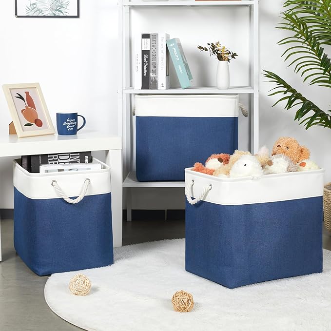 Bidtakay Extra Large Storage Baskets for Shelves 3 Pack Fabric Storage Bins for Organizing Linen Collapsible Organizer for Closet-White&Blue