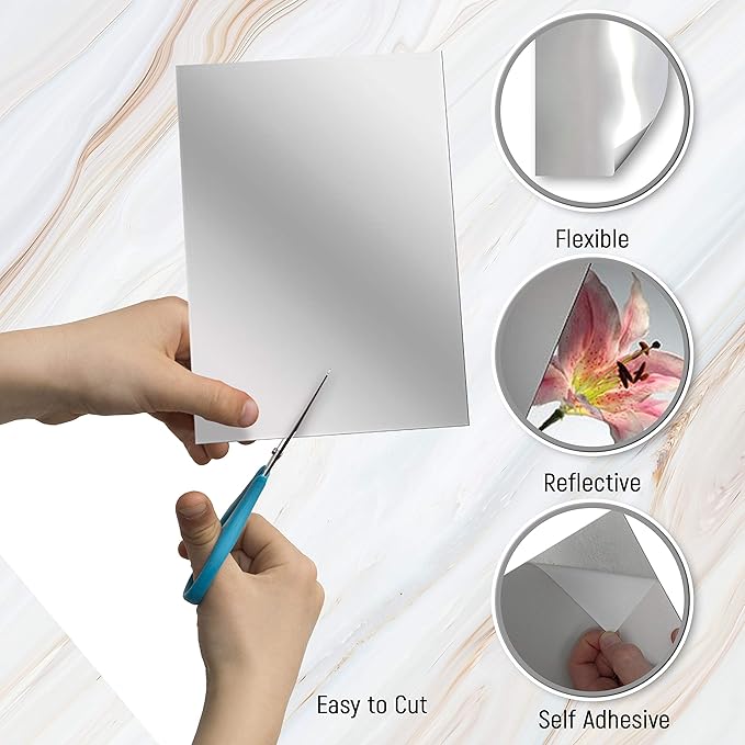 Adhesive Mirror Sheet 6 x 9 Inches Flexible Mirrors Sheets (4 pack) | Non-Glass Self Adhesive Stick on Mirror Tiles | Cut Mirror Paper to Size, Peel and Stick, Great for Crafts and Mirror Wall