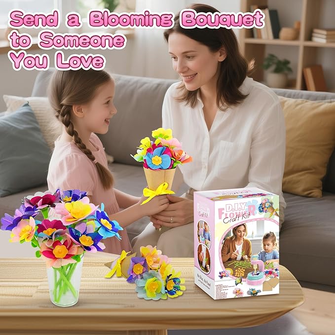 Flower Bouquet Craft Kit, DIY Arts and Crafts for Kids 4-6-8, Girls Toys 4-6-8 Flower Making Activity Toy Set for Toddler and Kids, Birthday Gifts for 4 5 6 7 8 Year Old Girls (Pink & Blue)