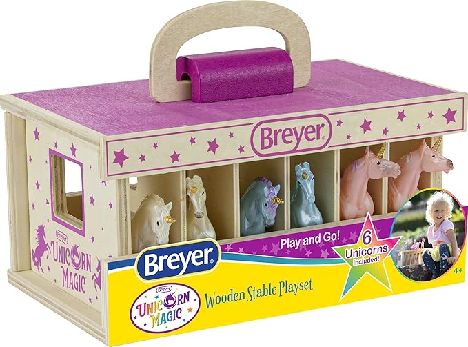 Breyer Unicorn Magic Wooden Carry Stable Playset with 6 Unicorns – Unicorn Gifts for Girls | Toys for Kids Ages 4–8 | Hand-Painted Horses in Carrying Case | Imaginative Play Set