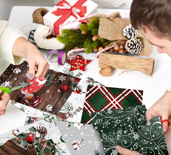 Christmas Scrapbook Paper 12×12,Merry Christmas Tree Deer Patterned Paper,24 Sheets Double-Sided Wooden Scrapbooking CardStock Papers Pad for Holiday Cardmaking DIY Origami Papers.