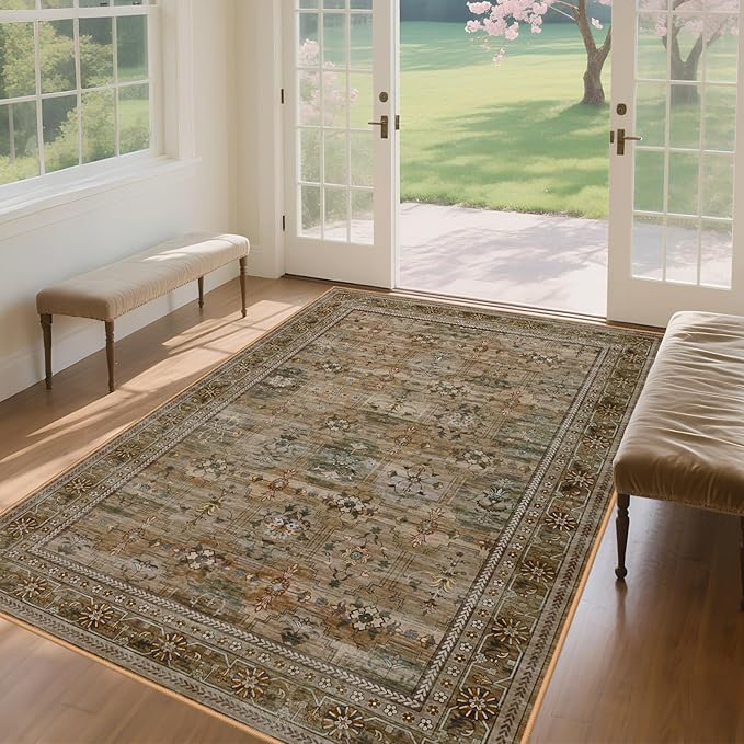 5x7 Washable Area Rug for Living Room Dining Room, Distressed Non Slip Vintage Floral Rugs for Bedroom, Traditional Indoor Floor Carpet for Dining Kitchen Farmhouse Olive/Charcoal