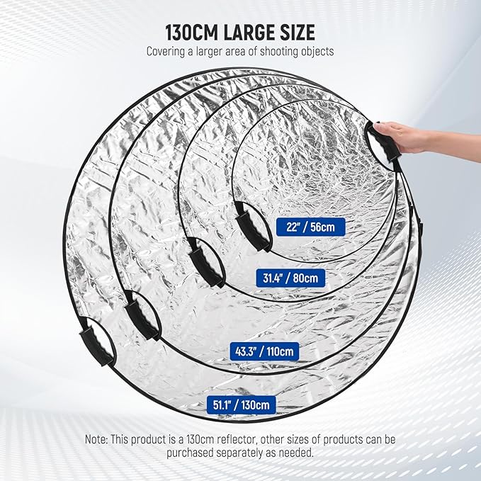 NEEWER 51"/130cm Light Reflector with Handle Grip & 3/8" Thread, 5 in 1 Foldable Disc Light Diffuser Translucent/Silver/Gold/White/Black for Photography Lighting, Outdoor Lighting, RF-130II
