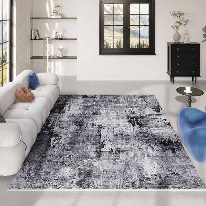 4x6 Rug Washable Boho Soft Area Rug Abstract Pattern Non-Slip Faux Wool Vintage Rug for Living Room, Bedroom Rug, Farmhouse, Dining Room, Kids Playroom, Grey and Black