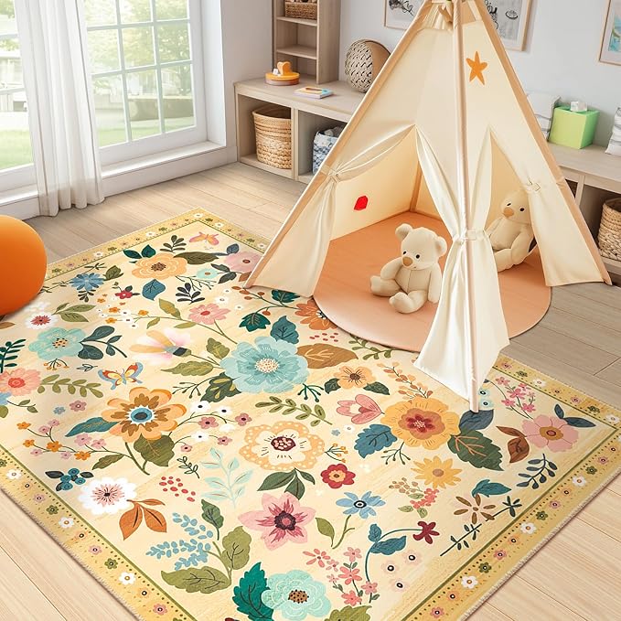 Floral 4x6 Area Rug Machine Washable Soft Print Boho Carpet Non Slip Doormat Low Pile Flower Area Rugs for Living Room Bedroom Nursery Kitchen Dining Room Indoor-Ivory/Yellow