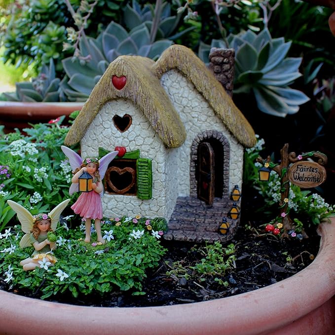 PRETMANNS Fairy House Kit - Fairy Garden Accessories for Outdoor Miniature Village Decor, with Fairies & Sign - House, 7’ High & Door can Open Wide - 4 Piece Supplies