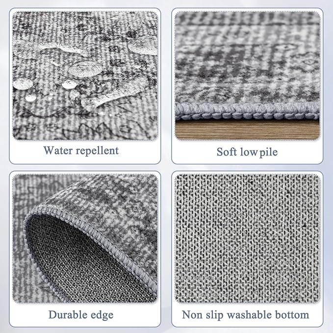 4x6 Area Rug for Bedroom Machine Washable, Non Slip Vintage Floral Kitchen Rugs for Dining Room,Rustic Indoor Floor Carpet for Kids Room, Playroom, Office Classroom Faded Grey