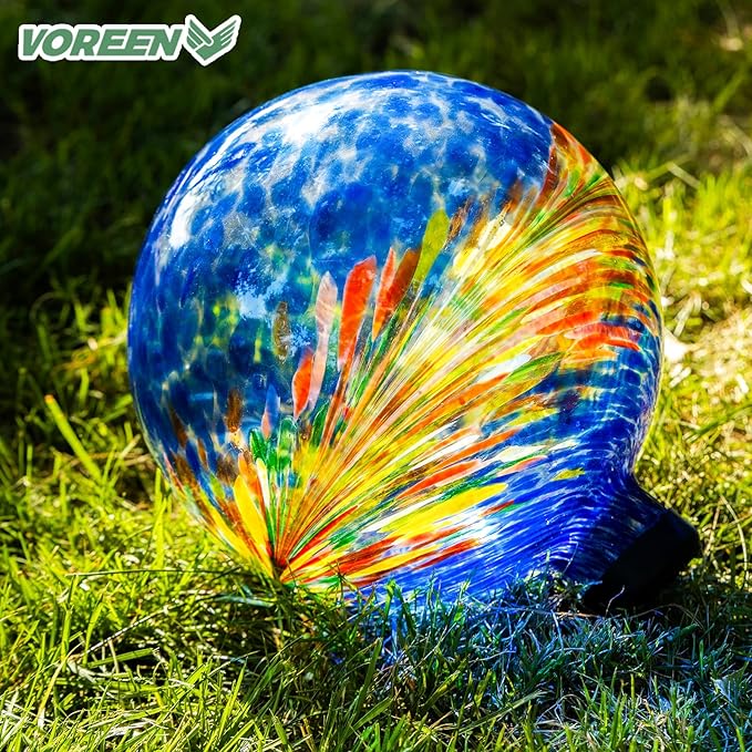 VOREEN 10-Inch Glass Gazing Ball, Outdoor Gazing Globe, Handmade Reflective Ball Yard Decoration for Homes, Patio, Lawn and Gardens, Gift for Mom Wife Friend, Phoenix Tail Design, Blue