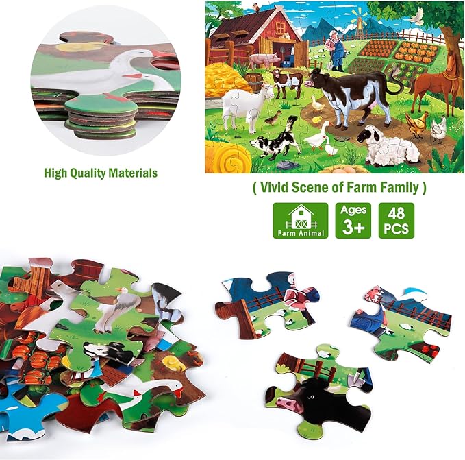Jumbo Floor Puzzle for Kids,Farm Animals Jigsaw Large Puzzles,48 Piece Barn Puzzle for Toddler Ages 3-5,Children Learning Preschool Educational Toys,Birthday Gift for 4-8 Years Old Boy and Girl
