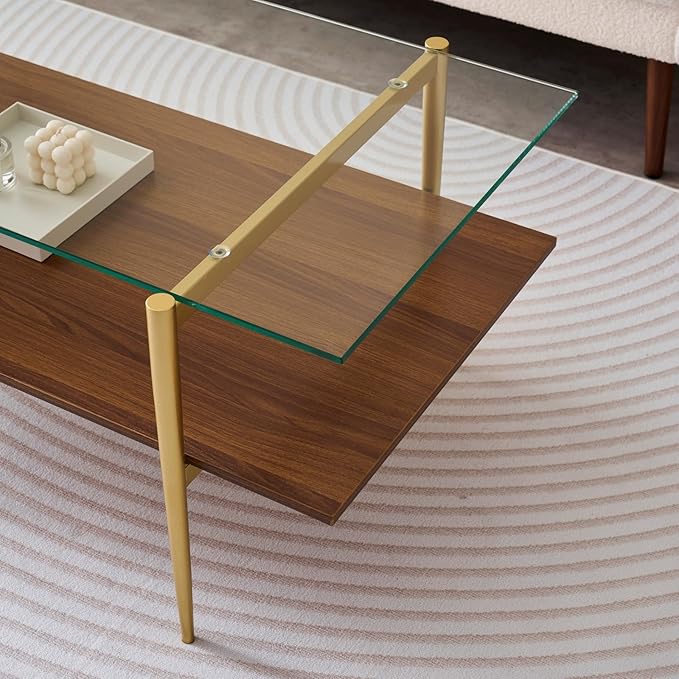 Rectangle Coffee Table, Mid-Century Modern Design, L41 W21 x H17, for Living Room, 2-Tier Structure, Clear Glass Top and Walnut MDF Shelf, Sleek Conical Metal Legs with Gold Finish