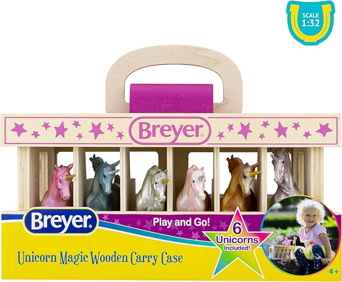 Breyer Unicorn Magic Wooden Carry Stable Playset with 6 Unicorns – Unicorn Gifts for Girls | Toys for Kids Ages 4–8 | Hand-Painted Horses in Carrying Case | Imaginative Play Set