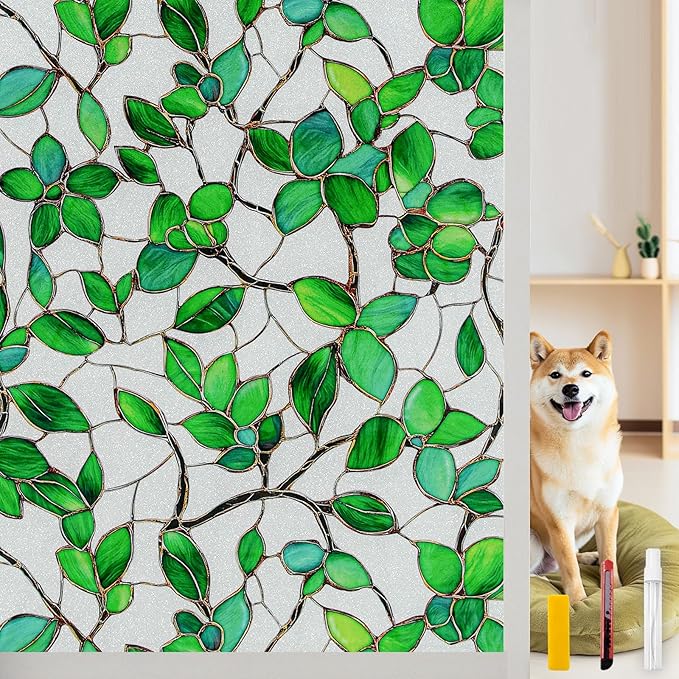 Window Privacy Film Stain Glass Window Film Rainbow Window Film Window clings Non-Adhesive Reusable Decorative for Room (Frosted Greenery Leaf, 23.6 x 78.7 in)