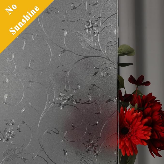 Mikomer Privacy Window Film Etched Flowers Static Cling Glass Door Film, Non Adhesive Heat Control Anti UV Window Cling for Office and Home Decoration,35 inches by 157 inches