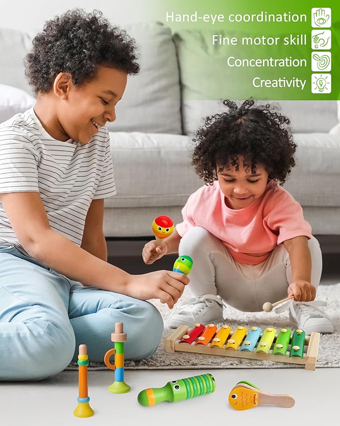 Coogam Wooden Musical Instruments for Toddlers, Tambourine Xylophone Castanet Flute Maracas Playset, Wood Percussion Rhythm Music Toy, Montessori Educational Learning Gift