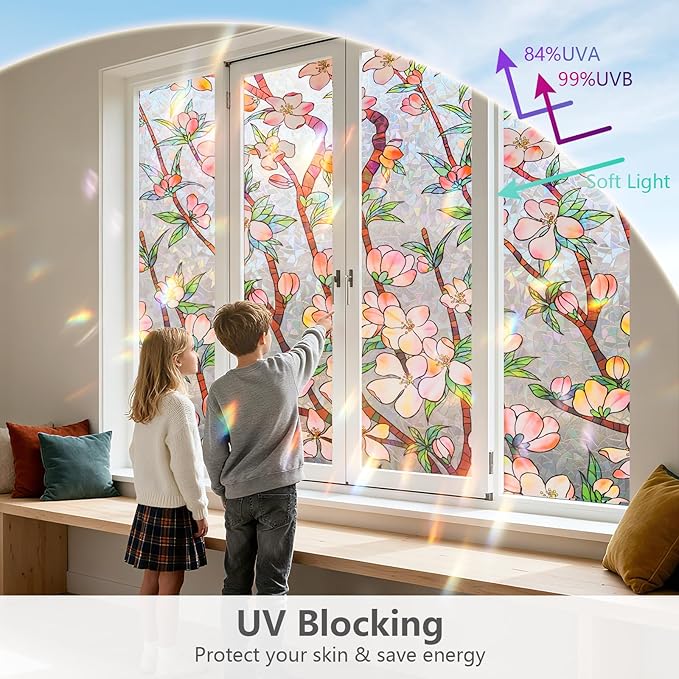 NINETREX Window Privacy Film,3D Stained Glass Window Film,Rainbow Static Cling Stickers Blocks Heat & UV,Non-Adhesive Vinyl for Home Door (Peach Blossom,17.5 x 78.7inch)