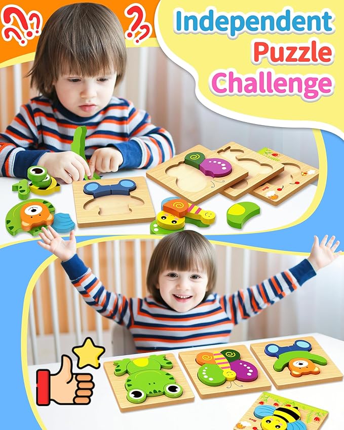 Bekayshad Wooden Puzzles Toddler Toys Gifts for 1 2 3 Year Old Boys Girls, 8 Pack Animal Jigsaw Puzzles Montessori Toys, Learning Educational Christmas Birthday Gifts for Girls Boys Ages 1-3