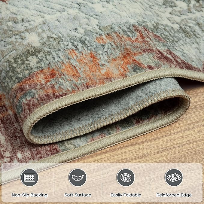 6x9 Area Rugs for Living Room Rug Washable: Modern Rug for Dining Room Bedroom Carpet Non Slip Low Pile 6 by 9 Indoor Abstract Nursery Home Office Red Brown