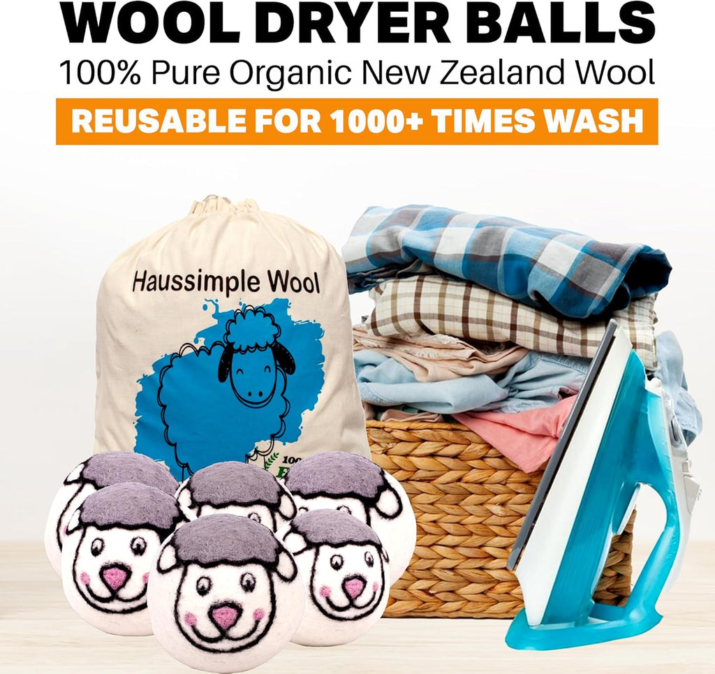 Wool Dryer Balls Organic Felt 6 Pack Laundry Fabric Softener, Extra Large Reusable Handmade Natural Sheep Wool Lint Wrinkle Free Anti Static Baby Safe (Sheep)
