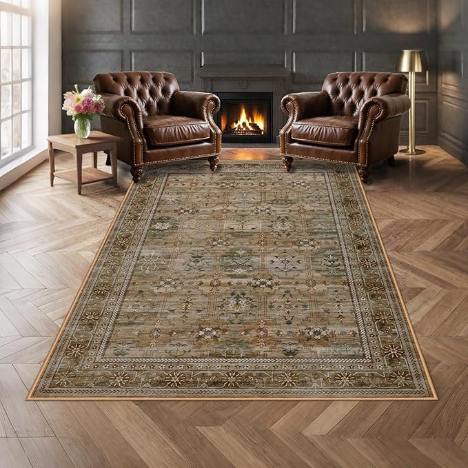 5x7 Washable Area Rug for Living Room Dining Room, Distressed Non Slip Vintage Floral Rugs for Bedroom, Traditional Indoor Floor Carpet for Dining Kitchen Farmhouse Olive/Charcoal